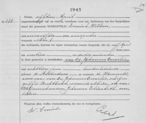 Uittreksel uit het overlijdensregister der Gemeente Zutphen