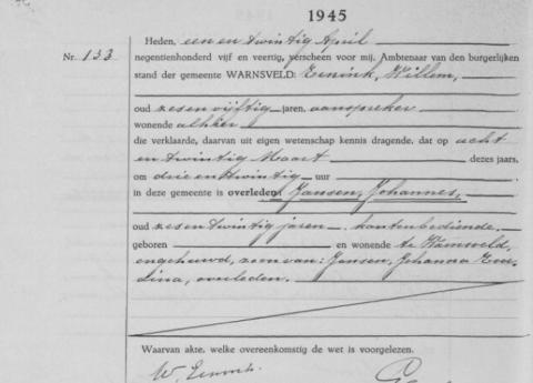 Uittreksel uit het overlijdensregister der Gemeente Warnsveld