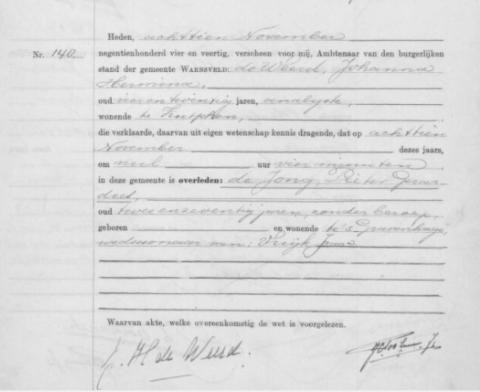 Uittreksel uit het overlijdensregister der Gemeente Warnsveld