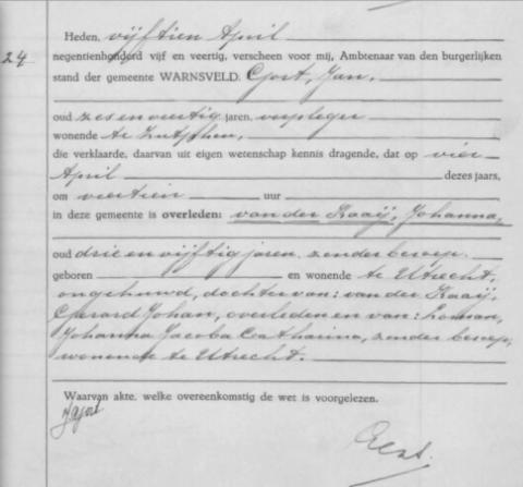 Uittreksel uit het overlijdensregister der Gemeente Warnsveld