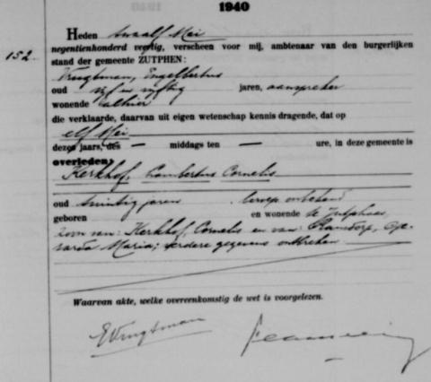 Uittreksel uit het overlijdensregister der Gemeente Zutphen