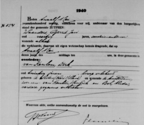 Uittreksel uit het overlijdensregister der Gemeente Zutphen