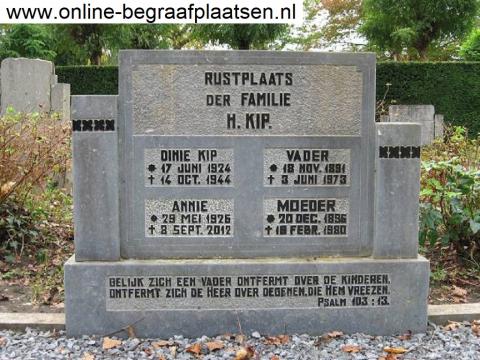 De grafsteen van de familie Kip met helaas een foute overlijdingsdatum van Dinie.