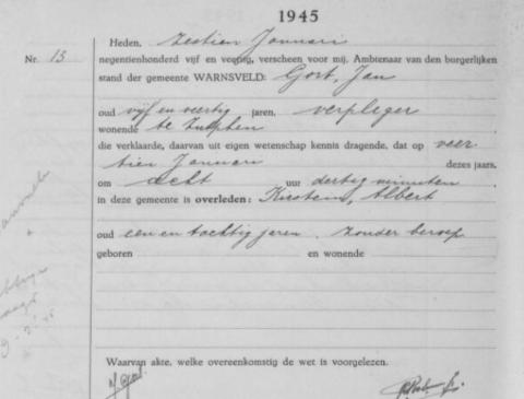 Uittreksel uit het overlijdensregister der Gemeente Warnsveld
