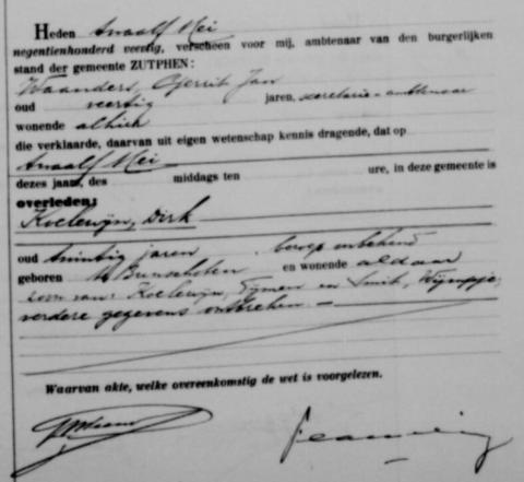 Uittreksel uit het overlijdensregister der Gemeente Zutphen