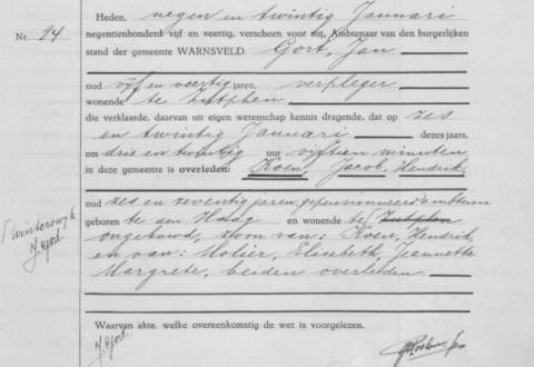 Uittreksel uit het overlijdensregister der Gemeente Warnsveld