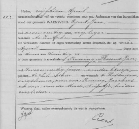 Uittreksel uit het overlijdensregister der Gemeente Warnsveld