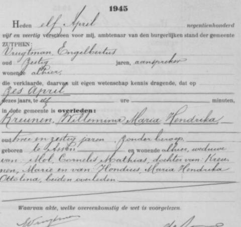 Uittreksel uit het overlijdensregister der Gemeente Zutphen