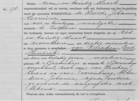 Uittreksel uit het overlijdensregister der Gemeente Warnsveld