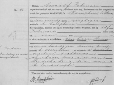 Uittreksel uit het overlijdensregister der Gemeente Warnsveld
