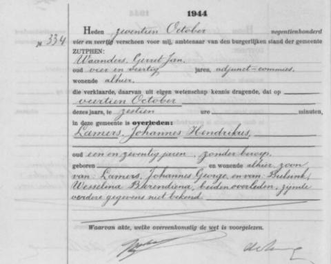 Uittreksel uit het overlijdensregister der Gemeente Zutphen