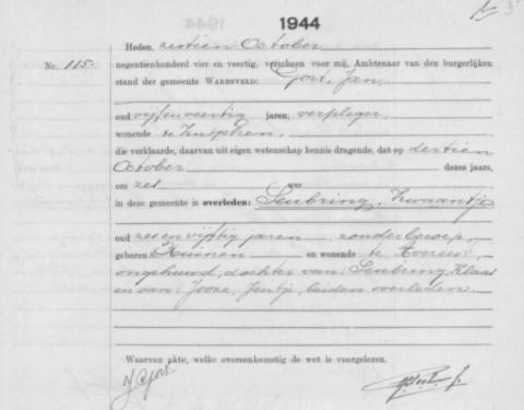 Uittreksel uit het overlijdensregister der Gemeente Warnsveld