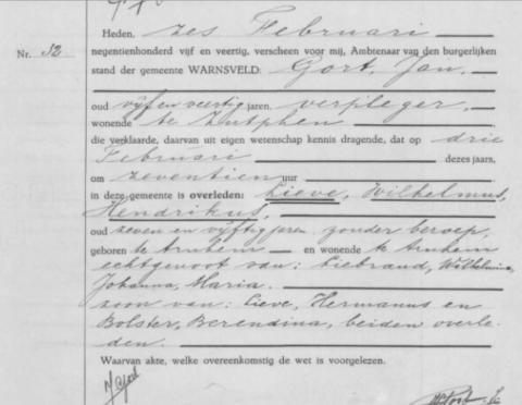 Uittreksel uit het overlijdensregister der Gemeente Warnsveld