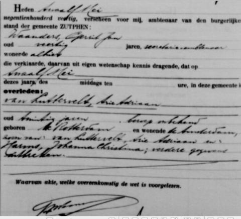 Uittreksel uit het overlijdensregister der Gemeente Zutphen