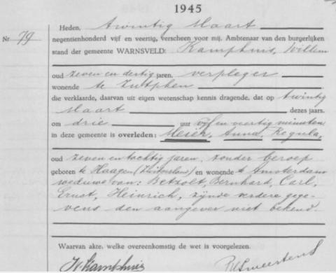 Uittreksel uit het overlijdensregister der Gemeente Warnsveld