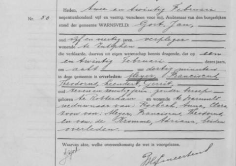 Uittreksel uit het overlijdensregister der Gemeente Warnsveld