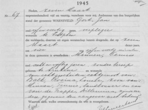 Uittreksel uit het overlijdensregister der Gemeente Warnsveld