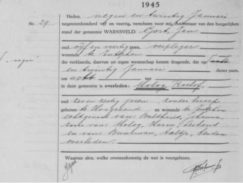 Uittreksel uit het overlijdensregister der Gemeente Warnsveld