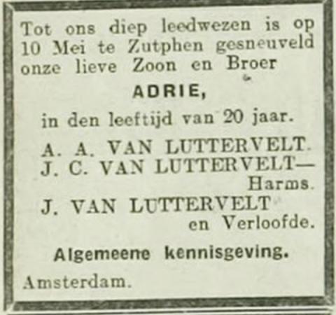 Zijn overlijdingsadvertentie in het Rotterdamsch Nieuwsblad