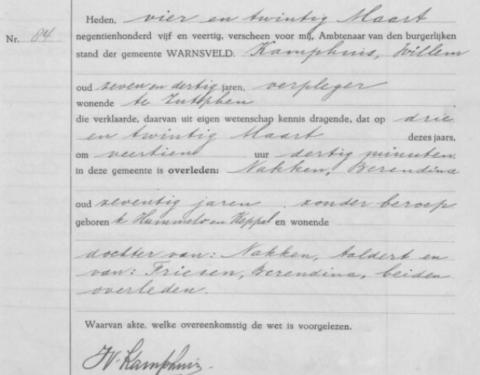 Uittreksel uit het overlijdensregister der Gemeente Warnsveld