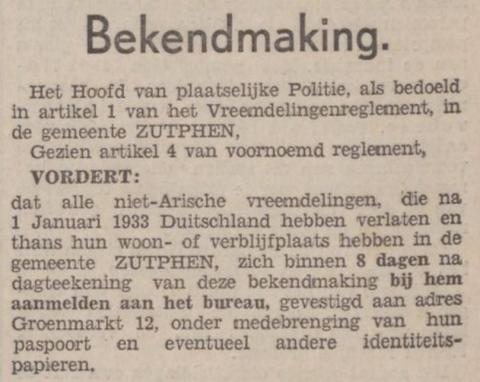 Het prille begin van de Jodenvervolging in Zutphen van start