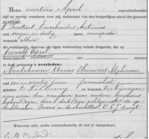 Uittreksel uit het overlijdensregister der Gemeente Zutphen