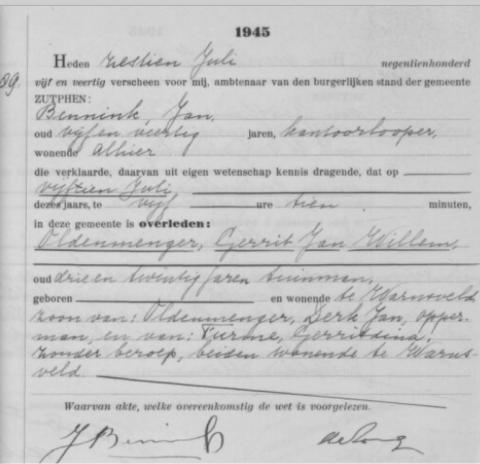 Uittreksel uit het overlijdensregister der Gemeente Warnsveld