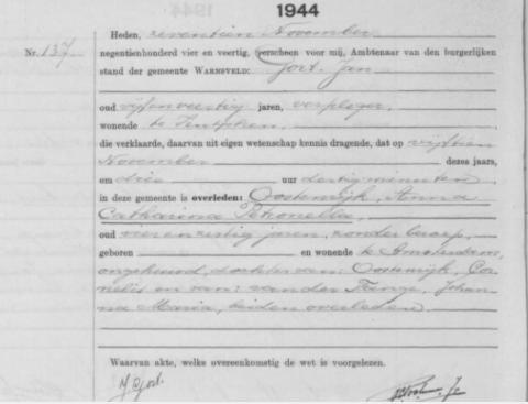 Uittreksel uit het overlijdensregister der Gemeente Warnsveld