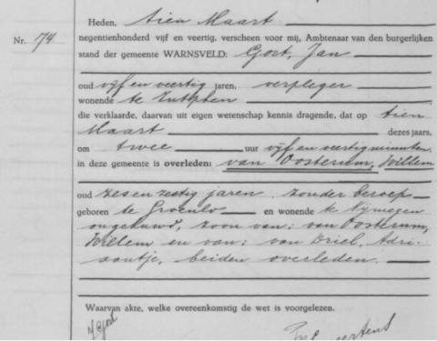 Uittreksel uit het overlijdensregister der Gemeente Warnsveld