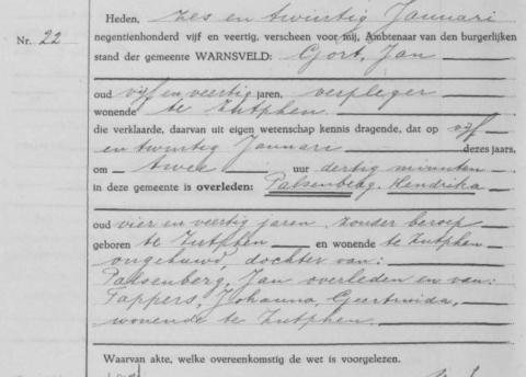 Uittreksel uit het overlijdensregister der Gemeente Warnsveld