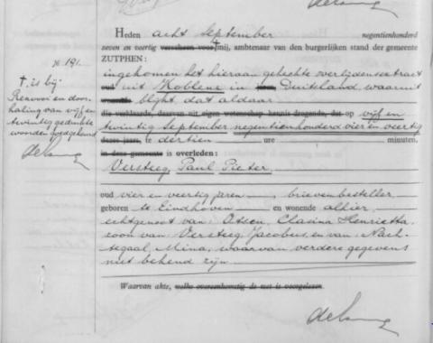 Uittreksel uit het overlijdensregister der Gemeente Zutphen