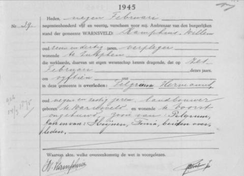 Uittreksel uit het overlijdensregister der Gemeente Warnsveld