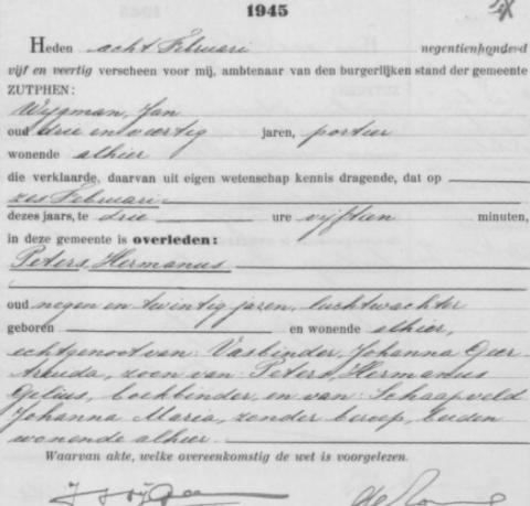 Uittreksel uit het overlijdensregister der Gemeente Zutphen