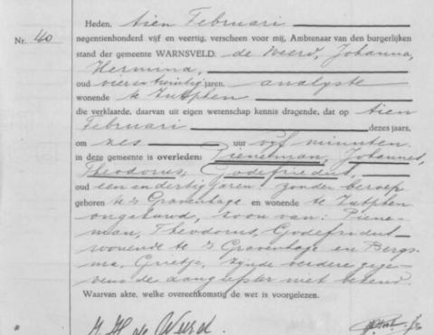 Uittreksel uit het overlijdensregister der Gemeente Warnsveld