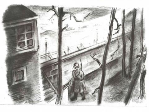 Concentratiekamp Sachsenhausen getekend door een gevangene