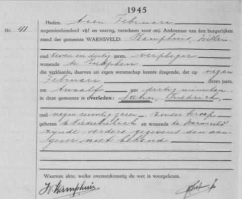 Uittreksel uit het overlijdensregister der Gemeente Warnsveld