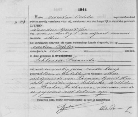 Uittreksel uit het overlijdensregister der Gemeente Zutphen