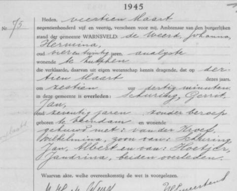 Uittreksel uit het overlijdensregister der Gemeente Warnsveld