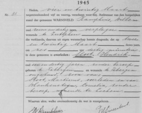 Uittreksel uit het overlijdensregister der Gemeente Warnsveld