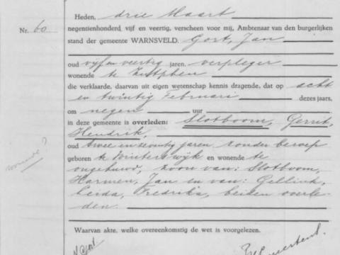 Uittreksel uit het overlijdensregister der Gemeente Warnsveld