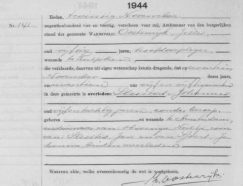 Uittreksel uit het overlijdensregister der Gemeente Warnsveld