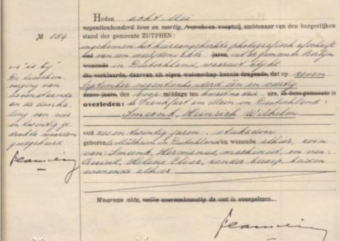 Uittreksel uit het Overlijdensregister der Gemeente Zutphen