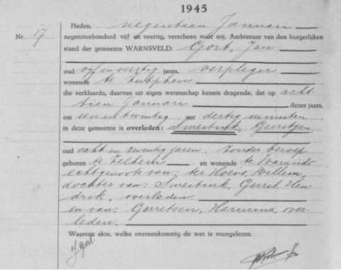 Uittreksel uit het overlijdensregister der Gemeente Warnsveld