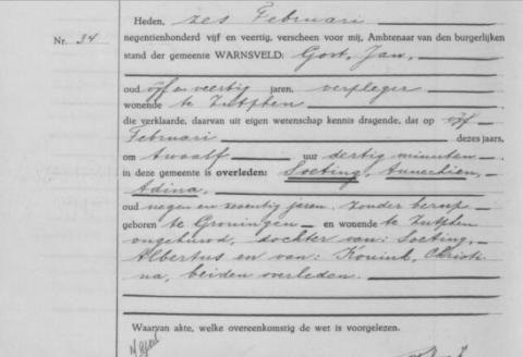 Uittreksel uit het overlijdensregister der Gemeente Warnsveld