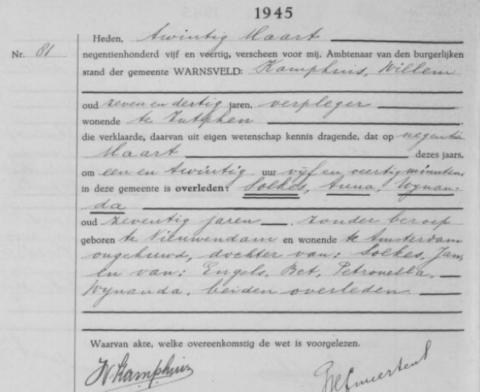 Uittreksel uit het overlijdensregister der Gemeente Warnsveld