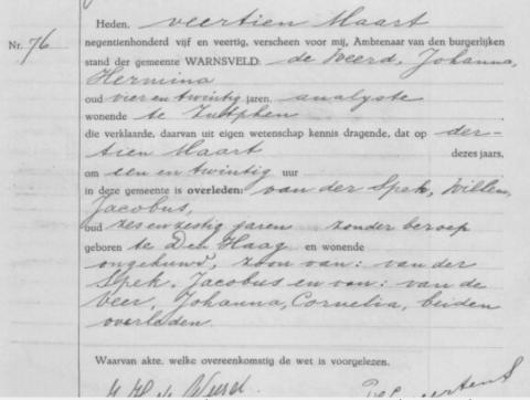 Uittreksel uit het overlijdensregister der Gemeente Warnsveld