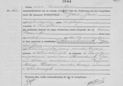 Uittreksel uit het overlijdensregister der Gemeente Warnsveld