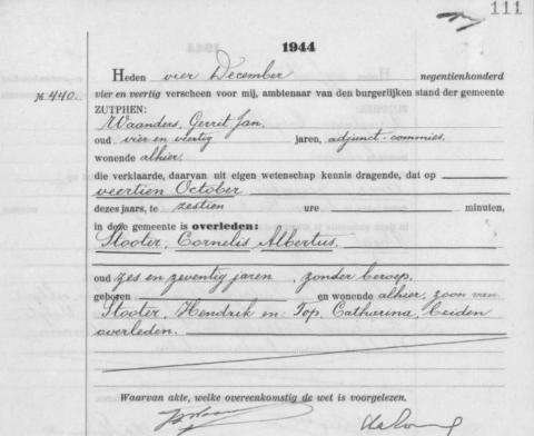 Uittreksel uit het overlijdensregister der Gemeente Zutphen