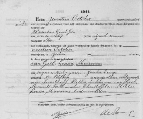 Uittreksel uit het overlijdensregister der Gemeente Zutphen