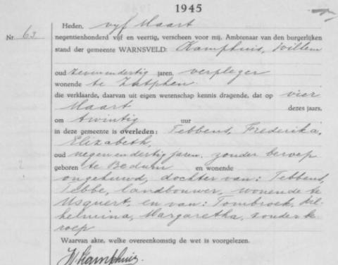 Uittreksel uit het overlijdensregister der Gemeente Warnsveld